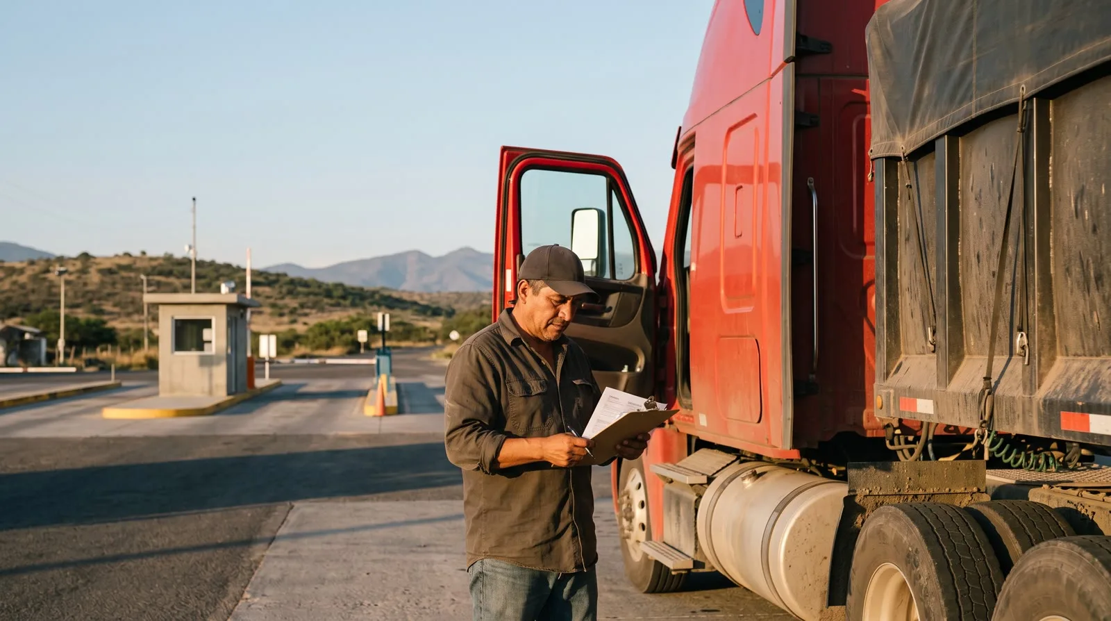 Operador revisando los documentos de su unidad en un punto de control carretero